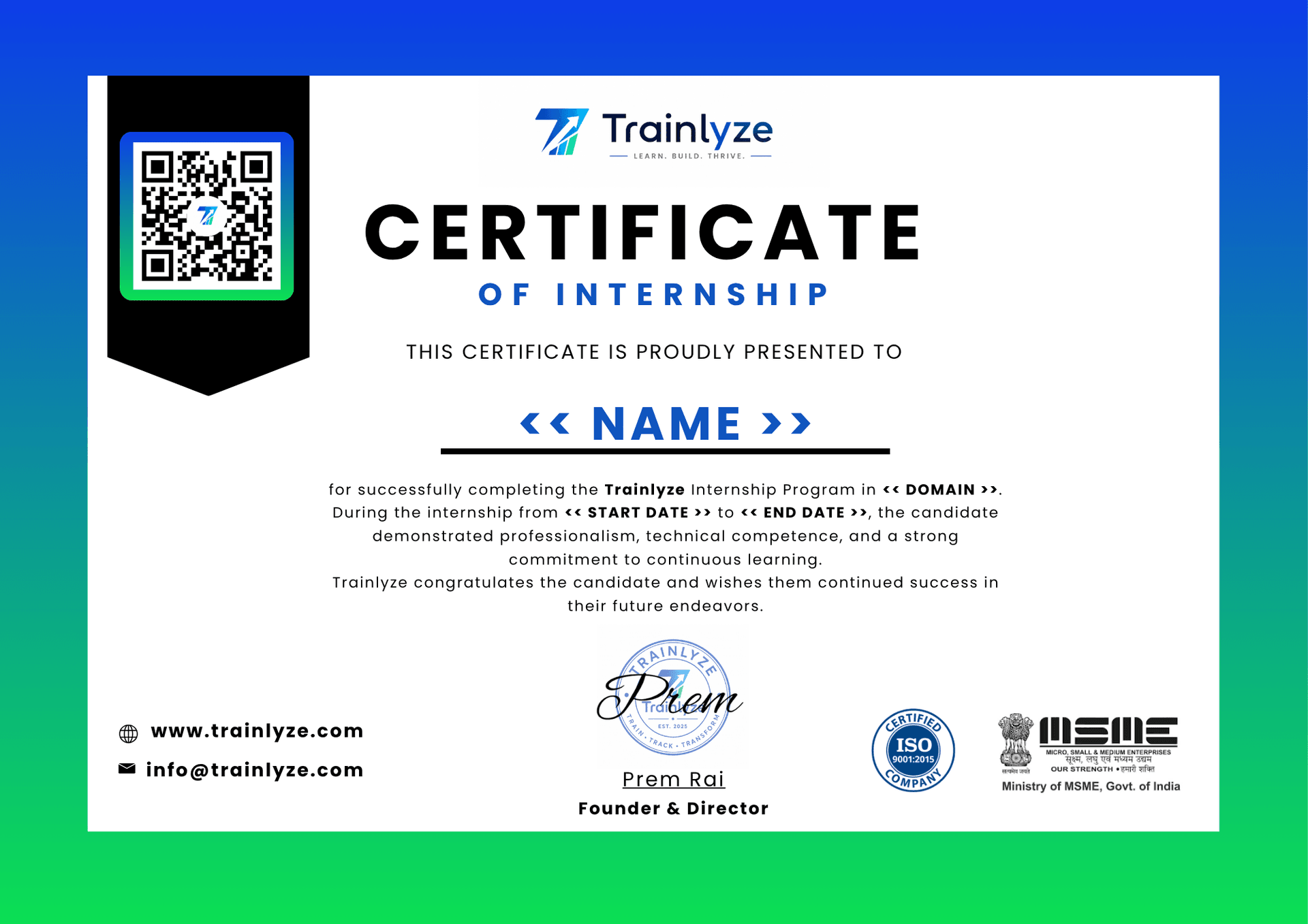 Official Trainlyze Training & Internship Certificate — ISO 9001:2015 Certified, MSME Recognized